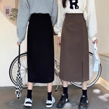 Kukombo Midi Skirts Women Korean Style Solid Ladies Design Temperament Autumn Feminino Side-Slit All-Match Leisure New College Empire