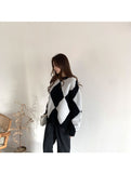 Kukombo Argyle Sweater Patchwork Pullovers 2022 Spring Women Clothing Vintage Knitted Fashion O-Neck Black Casual Long Sleeve