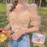 Kukombo 2022 Summer Floral Kawaii Top Women Print Short Sleeve Elegant Chic Korean Clothing Holiday French Retro Pretty Lace Tops Female