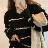 Kukombo Womens Winter Sweaters Striped Knitted Pullovers Black Beige Loose Fashion Casual Jumpers O-Neck Korean New Long Sleeve