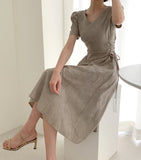 Kukombo Dresses Women Summer Beige Dress Jacquard Elegant Drawstring Clothes V-neck 2022 Fashion Korean Short Sleeve High Waist