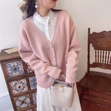 Kukombo Cardigan Women Sweater Korean Fashion Blue V-Neck Knitted Lady Clothes Solid Casual Pink Warm Loose Coat 2022 Spring