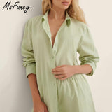 Christmas Gift Msfancy Summer Short Sets Women 2021 Green Long Sleeve Shirt Elastic Waist Shorts 2 Pieces Sets Casual Outwear