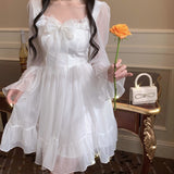 Kukombo  Autumn White Sweet Fairy Dress Women Bow Princess Kawaii Party Mini Dress Female Casual Korean Fashion Lolita Dress 2022 New