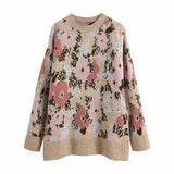 Kukombo Flower Print Oversize Long Knitwear Floral Sweater Pull Femme Khaki Vintage Casual Winter Basic Jumper Jersey Knitted