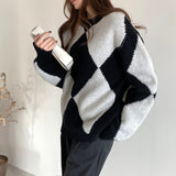 Kukombo Argyle Sweater Patchwork Pullovers 2022 Spring Women Clothing Vintage Knitted Fashion O-Neck Black Casual Long Sleeve