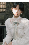 Kukombo Organza Lace Ruffled Shoulder Victorian Long Literary Retro Fairy Dress Robe