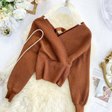 Christmas Gift 220 New Sexy V-neck Fashion Bright Silk Sweater Women's Autumn Bat Sleeves Short Waist Bottoming Shirt Winter Clothes Women