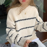 Kukombo Womens Winter Sweaters Striped Knitted Pullovers Black Beige Loose Fashion Casual Jumpers O-Neck Korean New Long Sleeve