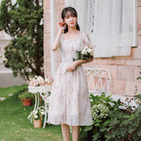 Kukombo Sweet Floral Fairy Dress Women Summer 2022 New French Retro Square Collar Chic Flare Sleeve Lace Hollow Elegant Gentle Vestido