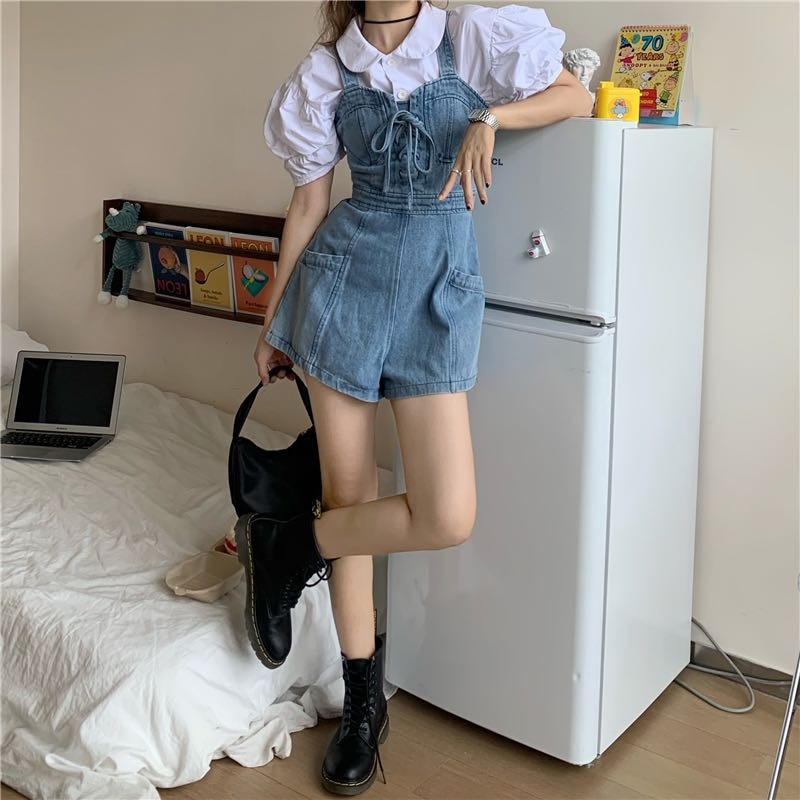 Kukombo Korean and Japanese jumpsuits women New Short Denim Jumpsuit R