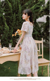 Kukombo Sweet Floral Fairy Dress Women Summer 2022 New French Retro Square Collar Chic Flare Sleeve Lace Hollow Elegant Gentle Vestido