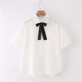 Kukombo Women Summer Blouses Shirt Short Sleeve Solid White Tops With Tie Bow Japanese Korean JK Style Female Shirts Lapel Blusas #38