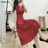 Kukombo Short Sleeve Dress Women V-Neck Polka-Dot Chiffon Elegant Chic Single-Breasted Chic Slender Sexy High-Waist Korean Retro Grils