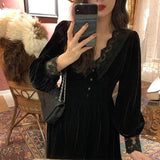 Graduation Gift Big Sale French Vintage Dress Women Lace Velvet Black Elegant Party Dress Female Autumn 2023 High Waist Long Sleeve Midi Gothic Dress