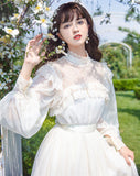 Kukombo Organza Lace Ruffled Shoulder Victorian Long Literary Retro Fairy Dress Robe