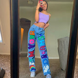 Kukombo Graphics Letter Printed Baggy Women Jeans Pants High Waist Wide Leg Punk Cute Demin Fashion Streetwear Girls 90s