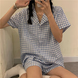 Christmas Gift Pajama Sets Women Plaid Classic Retro Turn Down Collar Short Sleeve Loose Preppy Style Cozy Students Sleepwear Home Female Lady