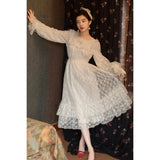 Kukombo Organza Lace Ruffled Shoulder Victorian Long Literary Retro Fairy Dress Robe