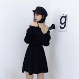 Kukombo Graduation Gift Big Sale Gothic Black Dress Women Casual Button Lace Evening Party Sexy Mini Dress Female Long Sleeve One-piece Dress Korean spring K48