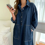 KukomboWomen's Autumn Long Sleeve Denim Shirt Dress Button Pocket Jeans Maxi Dresses Casual Loose Female Street Wear Denim Robe