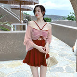 Kukombo One Piece Swimsuit Cute Korean Long Sleeve Chiffon Skirt Bathing Suit Women's Swimwear 2022 String Summer Swimming Beach Wear XL