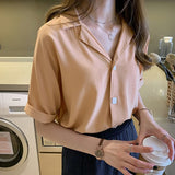 Kukombo Summer Shirts Women Blouses Casual Solid Turndown Collar Short Sleeve Office Lady Buttons Tops Clothing Female Blusas