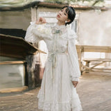 Kukombo Organza Lace Ruffled Shoulder Victorian Long Literary Retro Fairy Dress Robe