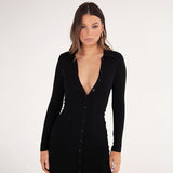 Graduation Gift Big Sale Long Sleeve Party Dresses Women Button Knitted Ankle-Length V-Neck Skinny Autumn  Sexy Dresses Women Cotton Split Hem