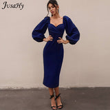 Christmas Gift JusaHy Elegant Pure Color Latern Sleeves Bodycon Dress for Women Party Clubwear Formal Midi dresses Mujer Casual Streetwear Hot