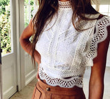 Kukombo White Lace Crochet Tank Tops Women Summer Sexy High Neck Hollow out Zipper Crop Top Slim Fit Tees