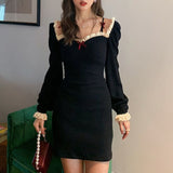 Kukombo Retro Elegant High Waist Long Sleeve Dress Lace Sexy Party Black Bodycon Dress Vintage Harajuku Vestidos Gothic Vestido De Festa