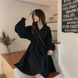 Kukombo Shirt Dress Women Korean Style Polo Collar Black Long Sleeve Wrap Mini Dress Casual Solid Kpop Clothes Woman 2022