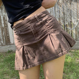 Retro Pleated Mini Denim Skirt Women High Waist A Line Brown Micro Skirt Femme Girls Hot Jeans Skirts Grunge Bottom