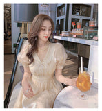 Kukombo Hstar Vintage Summer Elegant Women French Retro Lace V-Neck Princess Fairy Dress Puff Sleeve Party Dress 2022 Traf Платье Robe