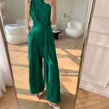 Kukombo Summer Elegant Woman Jumpsuit Green Outfit Sleeveless Bandage High Waist Wide Leg Pants Rompers Playsuits Female Overalls