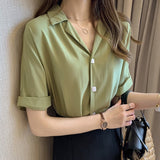 Kukombo Summer Shirts Women Blouses Casual Solid Turndown Collar Short Sleeve Office Lady Buttons Tops Clothing Female Blusas