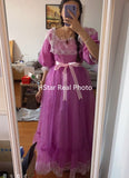 Kukombo Organza Lace Ruffled Shoulder Victorian Long Literary Retro Fairy Dress Robe