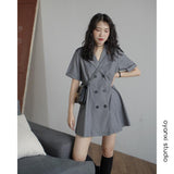 Kukombo Women Short Sleeve Dress High Quality Button Up Notched A-Line Mini Pleated Dresses Sexy All-Match Retro Elegant Female Ulzzang