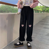 Kukombo Japanese Cute Corduroy Pants Women College Style Casual Pants Female Summer Korean Loose Cartoon Embroidery Trousers