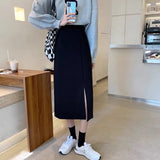 Kukombo Midi Skirts Women Korean Style Solid Ladies Design Temperament Autumn Feminino Side-Slit All-Match Leisure New College Empire