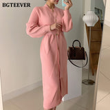 Christmas Gift BGTEEVER Elegant O-neck Single-breasted Women Solid Sweater Dress OL Style Long Sleeve Belted Knitted Mid-length Dress Female