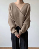 Kukombo Criss-Cross Sweater Khaki Fall 2022 Women Clothing Beige Korean Style Loose Pullovers Fashion Casual Raglan Sleeve Tops