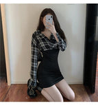 Kukombo QWEEK Korean Style Plaid Dress Shirt Women Kpop Patchwork Bodycon Ladies Long Sleeve Staple Mini Dress Wrap Sexy Woman Clothing