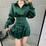 Kukombo  Elegant Shirt Dress Women Long Sleeve Autumn New Korean Fashion Turn-Down Collar Solid Office Lady Temperament Vestidos