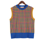 Christmas Gift Vintage Argyle Women Sweater Vest 2021 New Splice Color Plaid Sleeveless Round Neck Autumn Winter Female Knitted Vest Blue