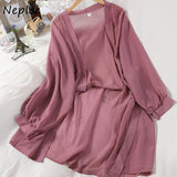 Neploe Korean Women Long Sleeve Chiffon Blouses Vintage V Neck Solid Long Feamle Shirts Summer Outwear Blusas Mujer 1E418