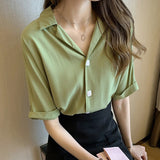 Kukombo Summer Shirts Women Blouses Casual Solid Turndown Collar Short Sleeve Office Lady Buttons Tops Clothing Female Blusas