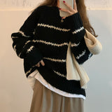 Kukombo Womens Winter Sweaters Striped Knitted Pullovers Black Beige Loose Fashion Casual Jumpers O-Neck Korean New Long Sleeve