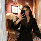 Graduation Gift Big Sale French Vintage Dress Women Lace Velvet Black Elegant Party Dress Female Autumn 2023 High Waist Long Sleeve Midi Gothic Dress